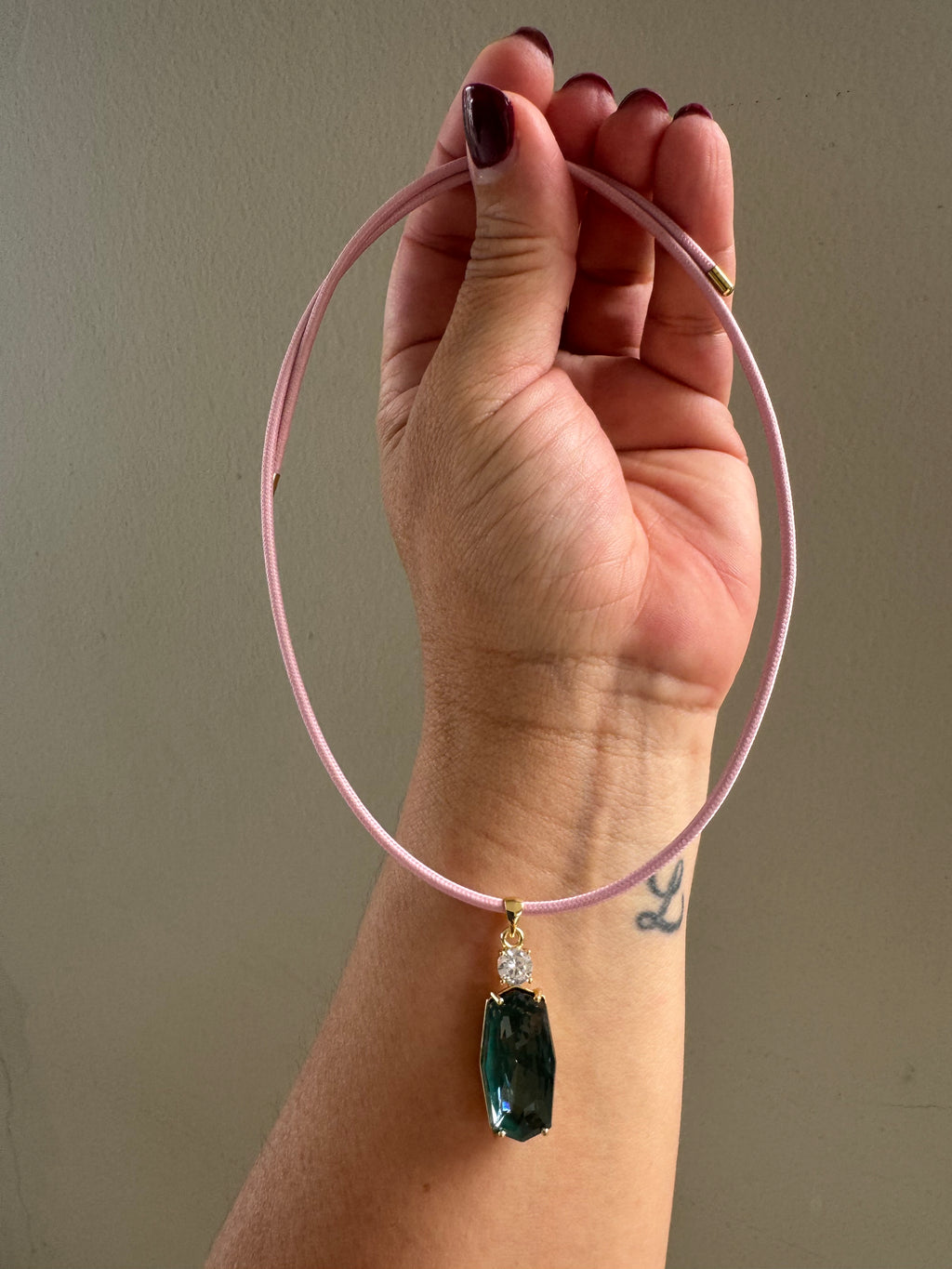 Pink Magnetic Necklace with Semi Precious Aqua Charm #L181 (both pieces)