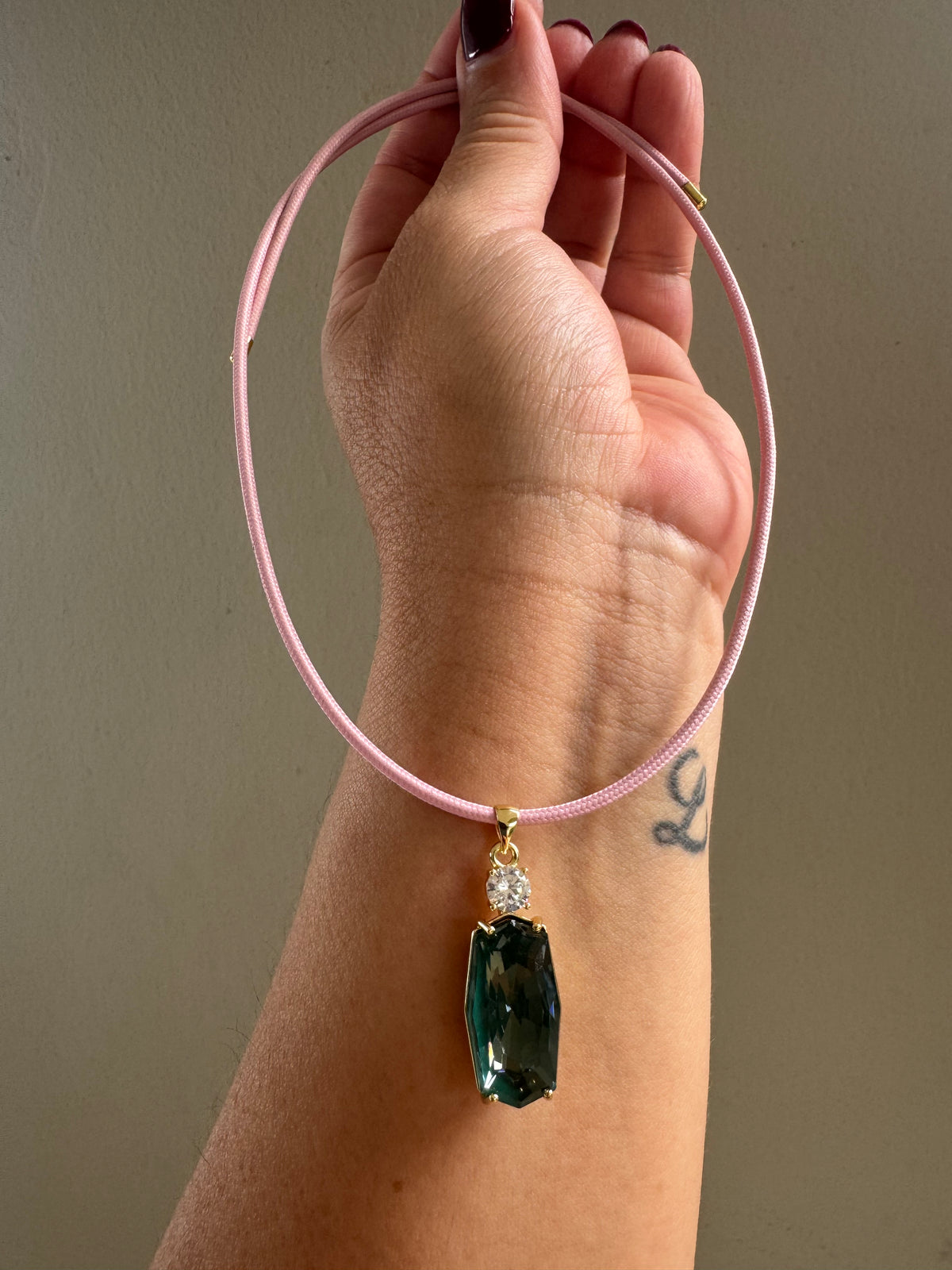 Pink Magnetic Necklace with Semi Precious Aqua Charm #L181 (both pieces)